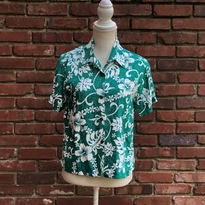 Bahama Mama Sun Wear Green and White Leaf Print Button Down Sleeveless Shirt M